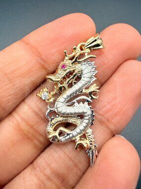 14K Two Tone Gold Cubic zirconia Dragon Pendant